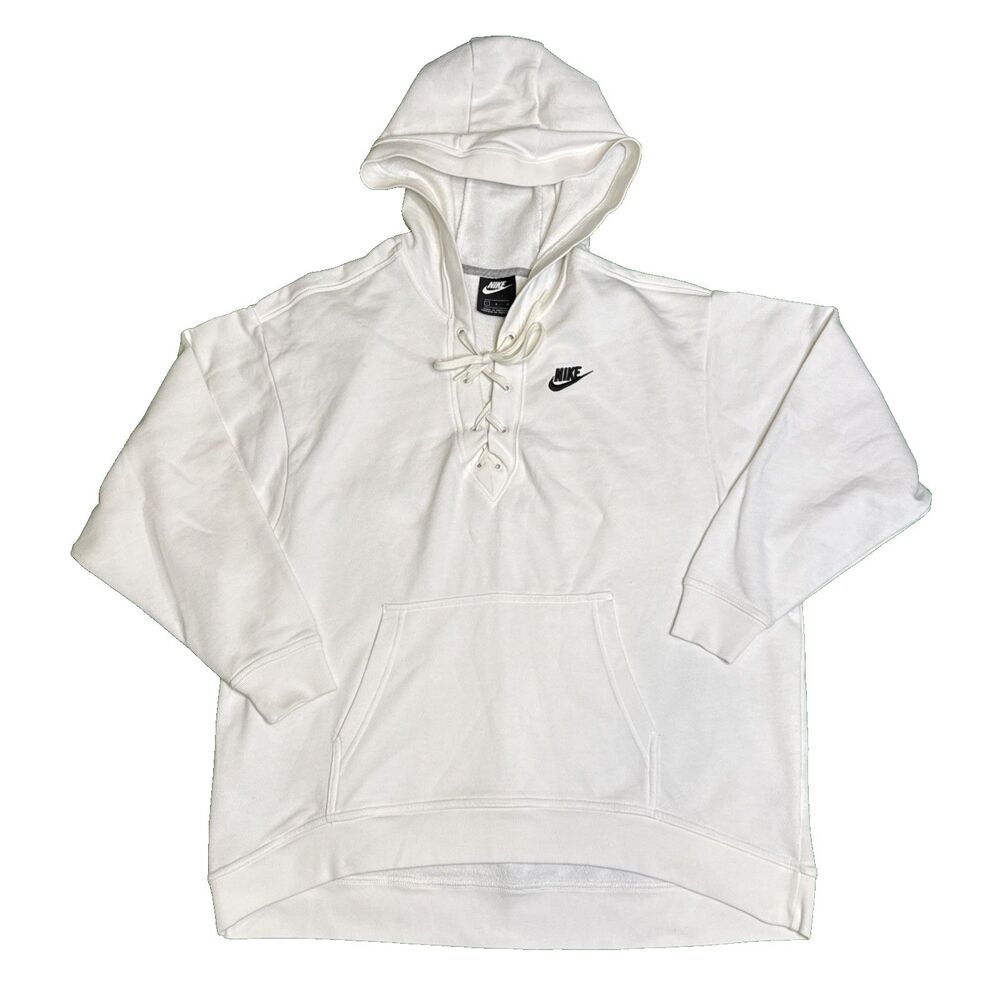 Nike Women's White Lace Up Hoodie Sweatshirt Size Large 100% Cotton Pullover